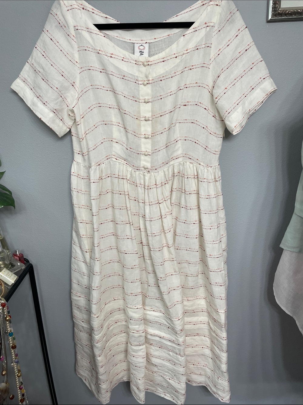 NWT Son de Flor Linen Carmen Dress White Pink/Red Stripe XL